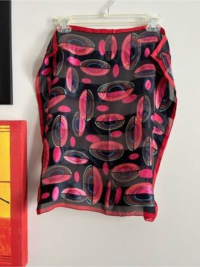 Oscar de la Renta Black Sheer Scarf with Pink & Multicolor Oval Print 21” x 21”